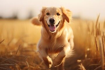 Golden Retriever running in the wheat field at sunset. Concept of a healthy lifestyle, A Golden Retriever dog runs energetically in a field with a blurred background, AI Generated