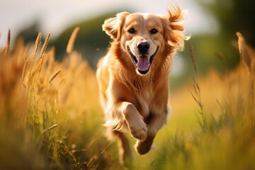 Golden Retriever running in the field at sunset. Focus on dog, A Golden Retriever dog runs energetically in a field with a blurred background, AI Generated