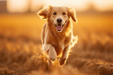 Golden Retriever running in the wheat field on a summer day, A Golden Retriever dog runs energetically in a field with a blurred background, AI Generated