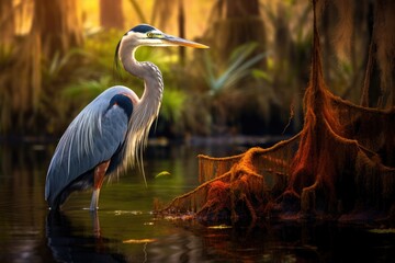Great Blue Heron Ardea herodias in the swamp, A Great Blue Heron is captured in Everglades National Park, Florida, USA, AI Generated - Powered by Adobe