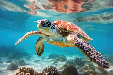 Hawaiian Green Sea Turtle Chelonia mydas, A Hawaiian Green Sea Turtle Chelonia mydas graces the Red Sea, AI Generated