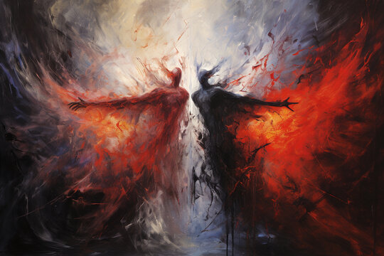 Culture and religious, states of mind concept. Abstract and surreal colorful illustration of good and evil. Abstract interpretation of art of angels and demons in heaven or hell