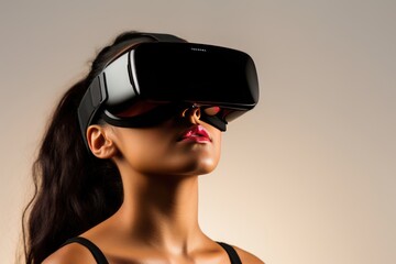 Fototapeta premium Woman enjoying a virtual experience with a pair of futuristic goggles A fictional character created by Generated AI. 