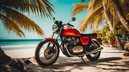 Foto auf Alu-Dibond Old red vintage motorcycle parked on the beach. The concept of freedom, summer and vacation on the clear blue sea. © Alex Bur