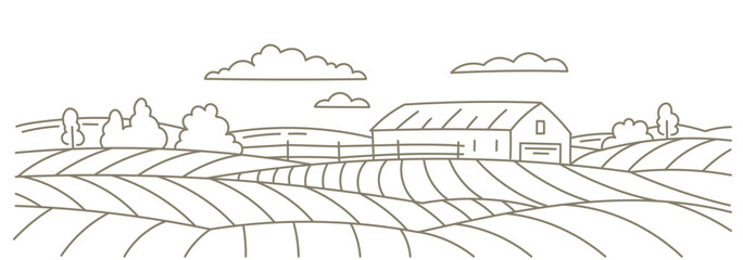 Farm barn. Landscape field. Vector line. Editable outline stroke.