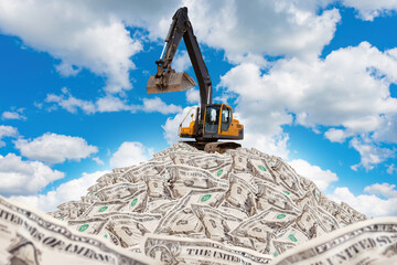 Excavator on pile of money. Crumpled dollars under blue sky. Concept of big earnings in...