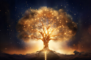 Golden Glowing Tree of Life in Cosmic Space Background - obrazy, fototapety, plakaty