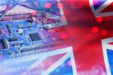 PCB close up. UK flag and PCB production equipment. Symbol of United Kingdom. Concept buying types from UK. Manufacture electronic components in factory in England. Chip PCB manufacturing plant in UK - obrazy, fototapety, plakaty