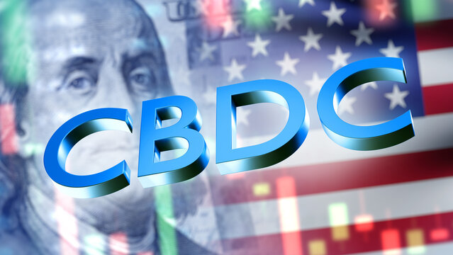 CBDC in USA. American flag. Franklin with dollar bills. Digitalization of economy of united states. CBDC logo. Central bank digital currency. CBDC economy. Electronic dollar. 3d image