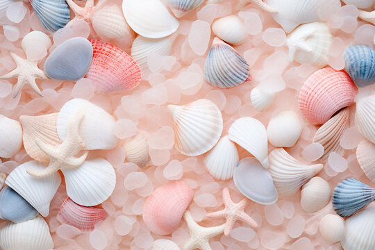 Nature, graphic resource concept. Abstract and minimalist various shapes and forms corals and seashells background with copy space. Tones image with pink color