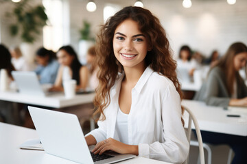 Woman sitting in front of laptop computer. This picture can be used to illustrate technology, work from home, online education, or remote working.