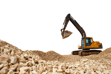 Crawler excavator on white. Mountain of stones with special construction equipment. Mining mine....