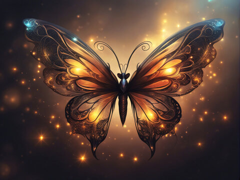Fantasy black butterfly on a dark background with golden lights.