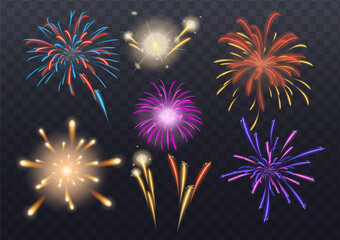 Realistic shiny colorful fireworks collection on transparent background