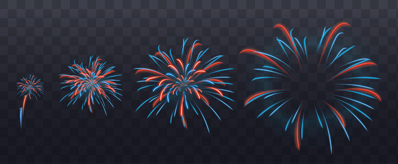 Realistic shiny colorful fireworks composition on transparent background