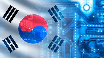 Microelectronics industry South Korea. Microchip under magnifying glass. PCB made in South Korea. Digital board. Microchip made in Seoul factory. South Korea flag. Microchip export concept. 3d image - obrazy, fototapety, plakaty