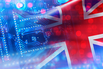Microelectronics industry UK. Flag of United Kingdom. PCB board with UK symbol. Export of microelectronics concept. Computer processor. Microelectronics technologies in UK. Great Britain. 3d image