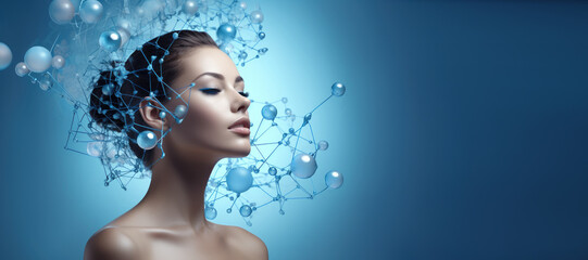 Close-up portrait of woman with molecular structure of facial serum on blue background. Copy space, banner. Advertising style