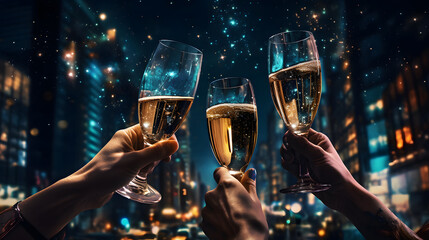 People are toasting glasses of champagne in the evening. A festive atmosphere on various festivals such as New Year's Day, birthdays. - obrazy, fototapety, plakaty