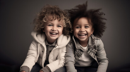 Two laughing and smiling children are playing together - happy kids laughing together | Generative AI - obrazy, fototapety, plakaty