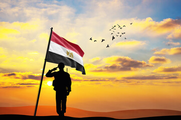 Silhouette of a soldier with the Egypt flag stands against the background of a sunset or sunrise....