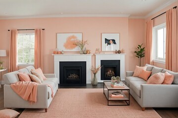 Peach fuzz living room interior design. Cozy living room with peach fuzz sofa and peach fuzz wall. Color of the year 2024 concept(Peach fuzz).