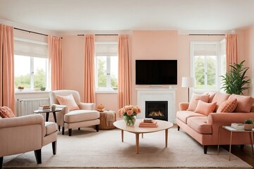 Fototapeta premium Peach fuzz living room interior design. Cozy living room with peach fuzz sofa and peach fuzz wall. Color of the year 2024 concept(Peach fuzz).