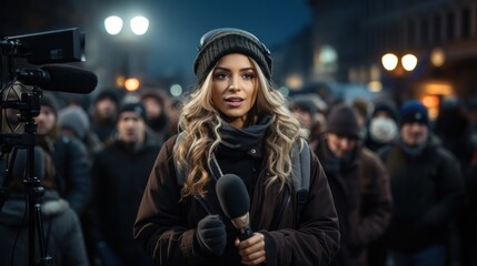 Breaking news female journalists cover live war protest events for news media and stand-up television news headlines.