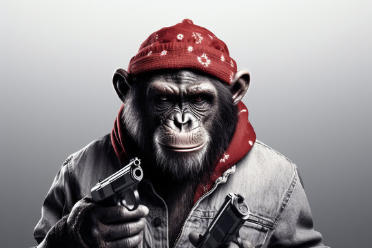 A monkey with a black bandana is holding a gun