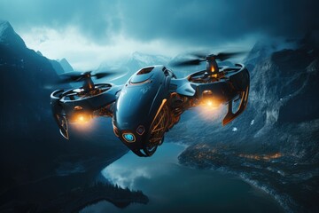 Futuristic drone flying over the mountain, drone quadcopter with digital camera Ai generated