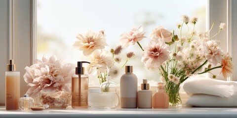 display setup of flowers and soap bottles on bathroom or toilet mirror shelf for cosmetics - obrazy, fototapety, plakaty