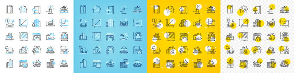 Vector icons set of Delivery man, Lounge and Lease contract line icons pack for web with Buildings, Food delivery, Arena outline icon. Market, Square area, House dimension pictogram. Vector