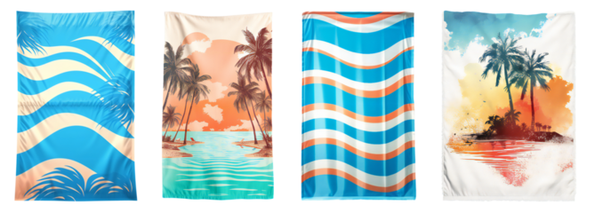 Set with different beach towels on transparent, top view