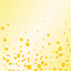 Japanese yen coins falling. Scattered gold JPY
