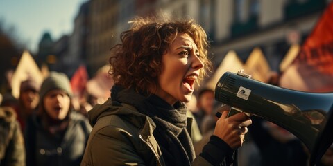 Female activist angry shouting for her cause among people demonstration - obrazy, fototapety, plakaty