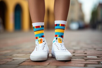 Legs with different pair of socks and white sneakers standing
