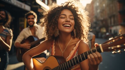 Mexican musician plays guitar and beautiful girl dancing on city fiesta.