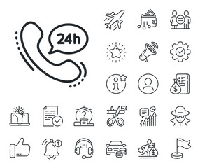Call support sign. Salaryman, gender equality and alert bell outline icons. 24 hour service line icon. Feedback chat symbol. 24h service line sign. Spy or profile placeholder icon. Vector