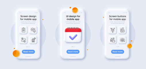 Genders, Chemistry flask and Verification person line icons pack. 3d phone mockups with calendar. Glass smartphone screen. Clipboard, Add handbag, Justice scales web icon. Vector