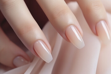 Woman hand with nude shades nail polish on her fingernails. Nude color nail manicure with gel...