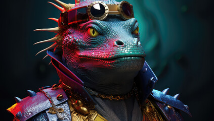 A iguana warrior with detailed armor and steampunk goggles.