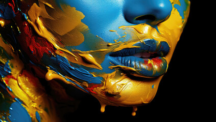 Vivid close-up of lips and skin adorned with blue and gold paint splashes, artistic and abstract in...