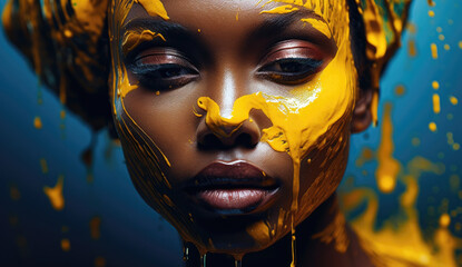 Intense gaze of a woman with a face artfully adorned in blue and cascading gold paint, reflecting avant-garde beauty.