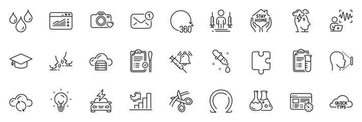 Obraz na płótnie Canvas Icons pack as Talk, Growth chart and Puzzle line icons for app include Stress, Car charging, New message outline thin icon web set. Graduation cap, Vaccine announcement, Web timer pictogram. Vector