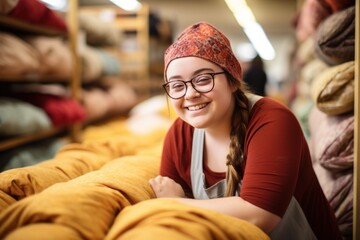 Young woman with Down syndrome working in fabric store, looking joyful and smiling. - obrazy, fototapety, plakaty