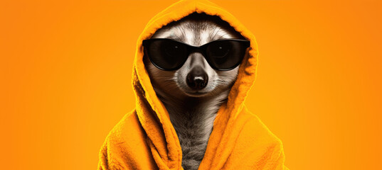 A meerkat donning sunglasses and an orange hoodie, posing with a cool demeanor against an orange backdrop. - obrazy, fototapety, plakaty