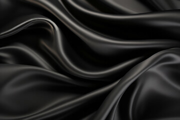 Fototapeta premium Black satin fabric with a smooth flowing texture. background. Silky textured, minimalist and abstract, dark grey.