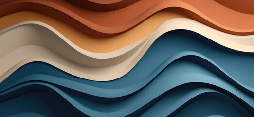 Layered waves of paper in earthy tones cascade rhythmically, creating a serene, abstract pattern reminiscent of geological strata or calm seas. - obrazy, fototapety, plakaty