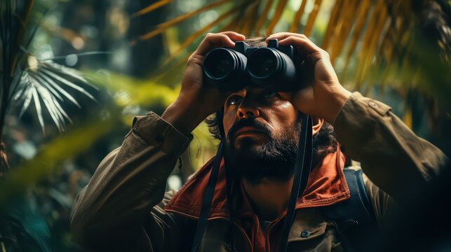 man in the forest on binocular