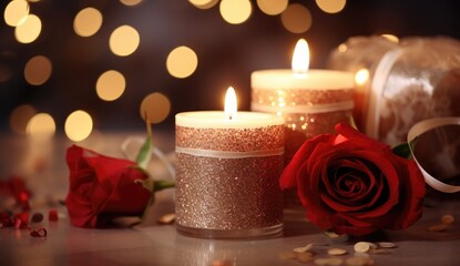 Romantic valentine's day. red roses and gifts close-up on a wooden surface
